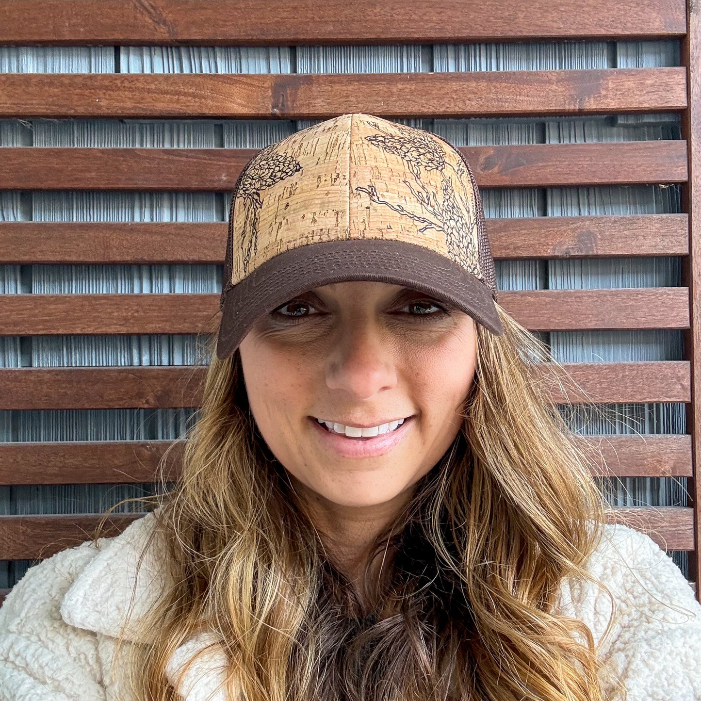 Brown Hand Drawn Pinecone Cork Curved Brim Trucker Hat