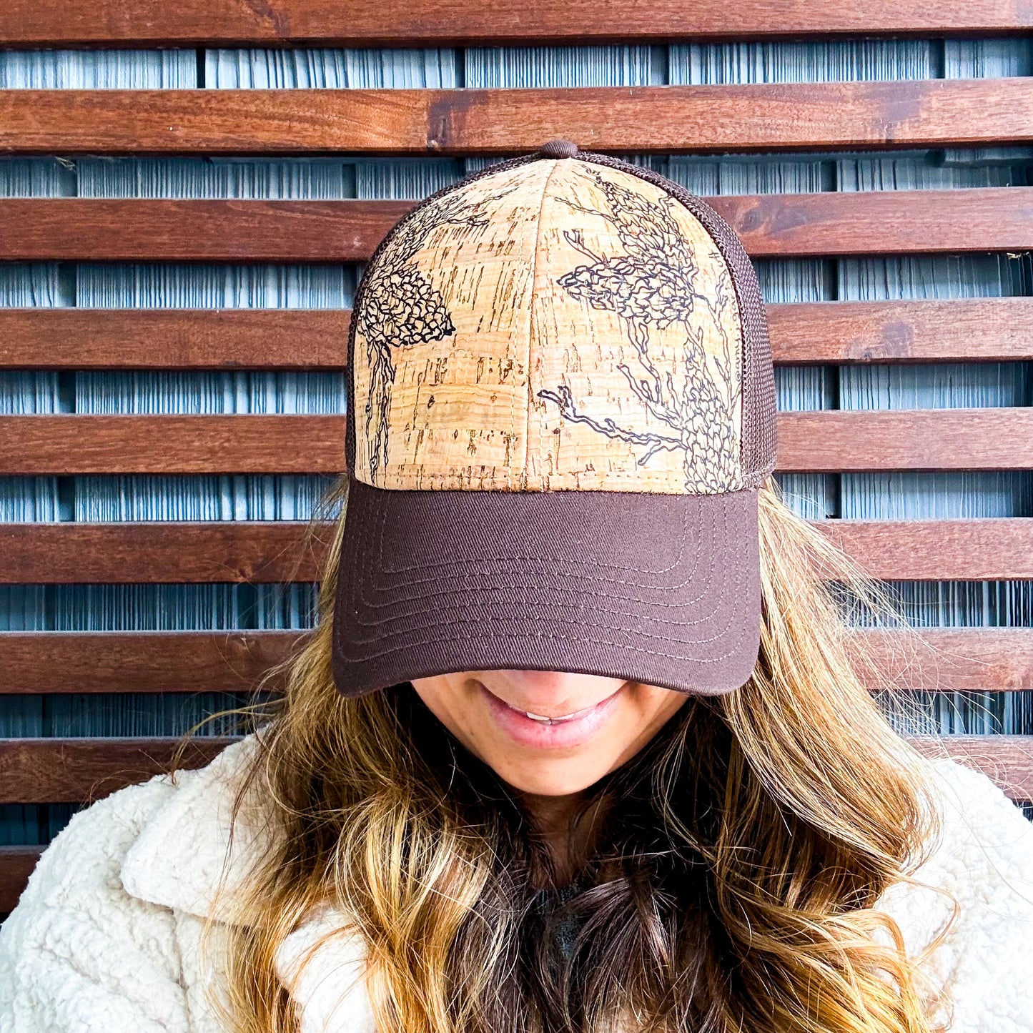 Brown Hand Drawn Pinecone Cork Curved Brim Trucker Hat