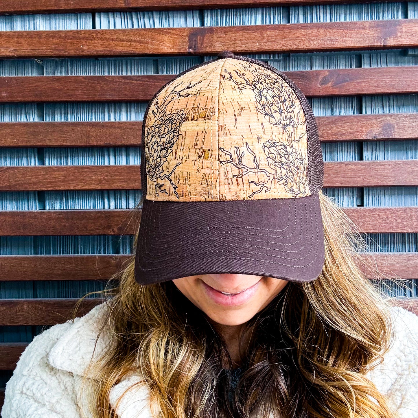 Brown Hand Drawn Pinecone Cork Curved Brim Trucker Hat