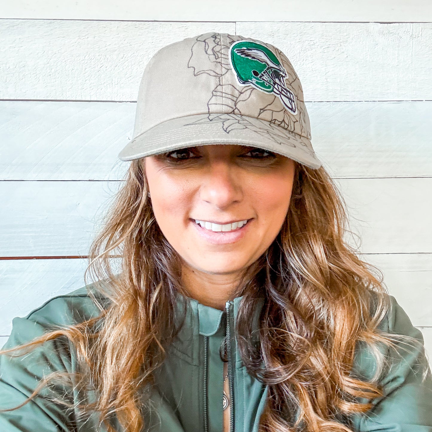 Hand Drawn Floral EAGLES Cap | Khaki Helmet