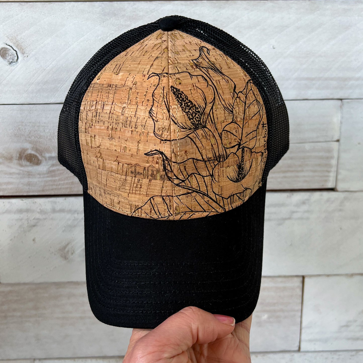 MADE TO ORDER - Black Hand Drawn Floral Cork Trucker Hat