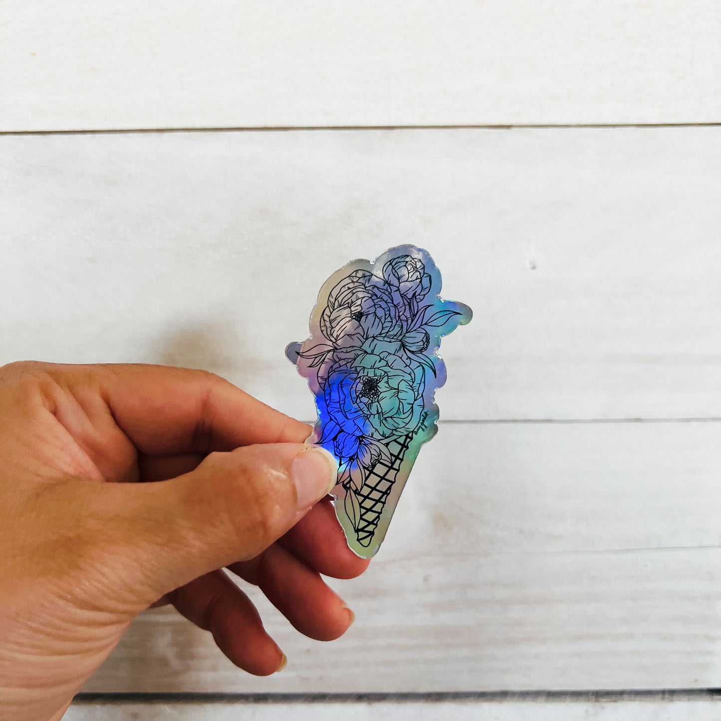 Holographic Hand-drawn Floral Ice Cream Cone Sticker