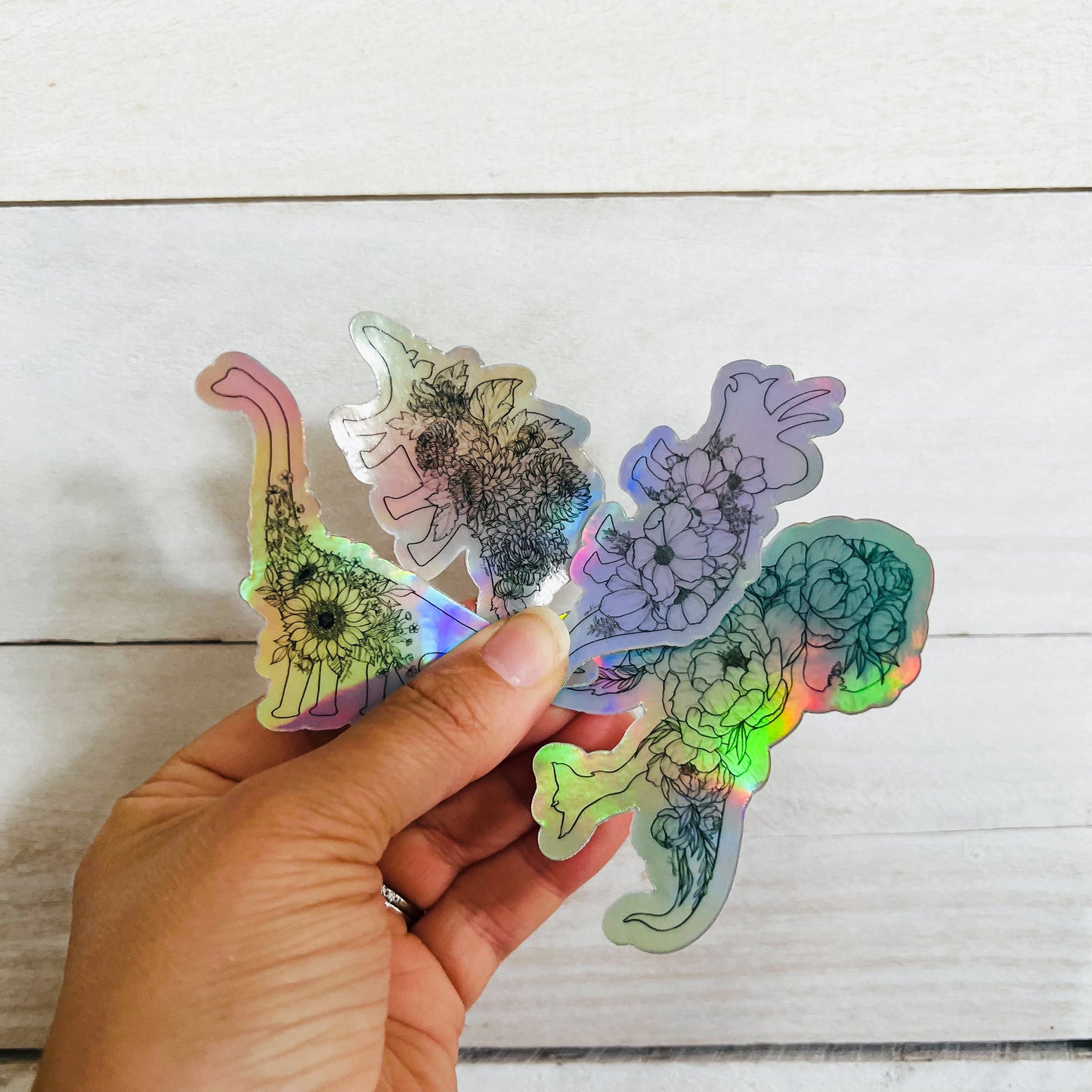 Hand-drawn Dinosaur Floral Holographic Sticker Bundle