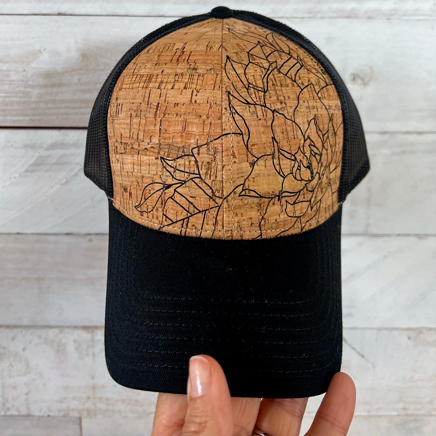 MADE TO ORDER - Black Hand Drawn Floral Cork Trucker Hat