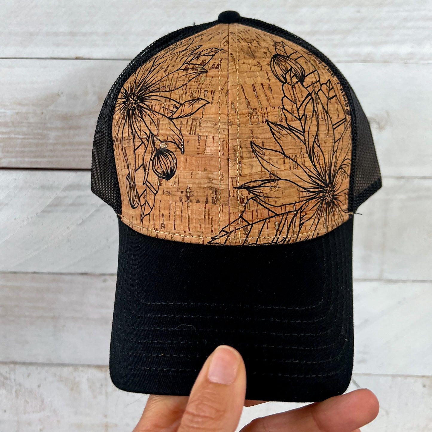 MADE TO ORDER - Black Hand Drawn Floral Cork Trucker Hat