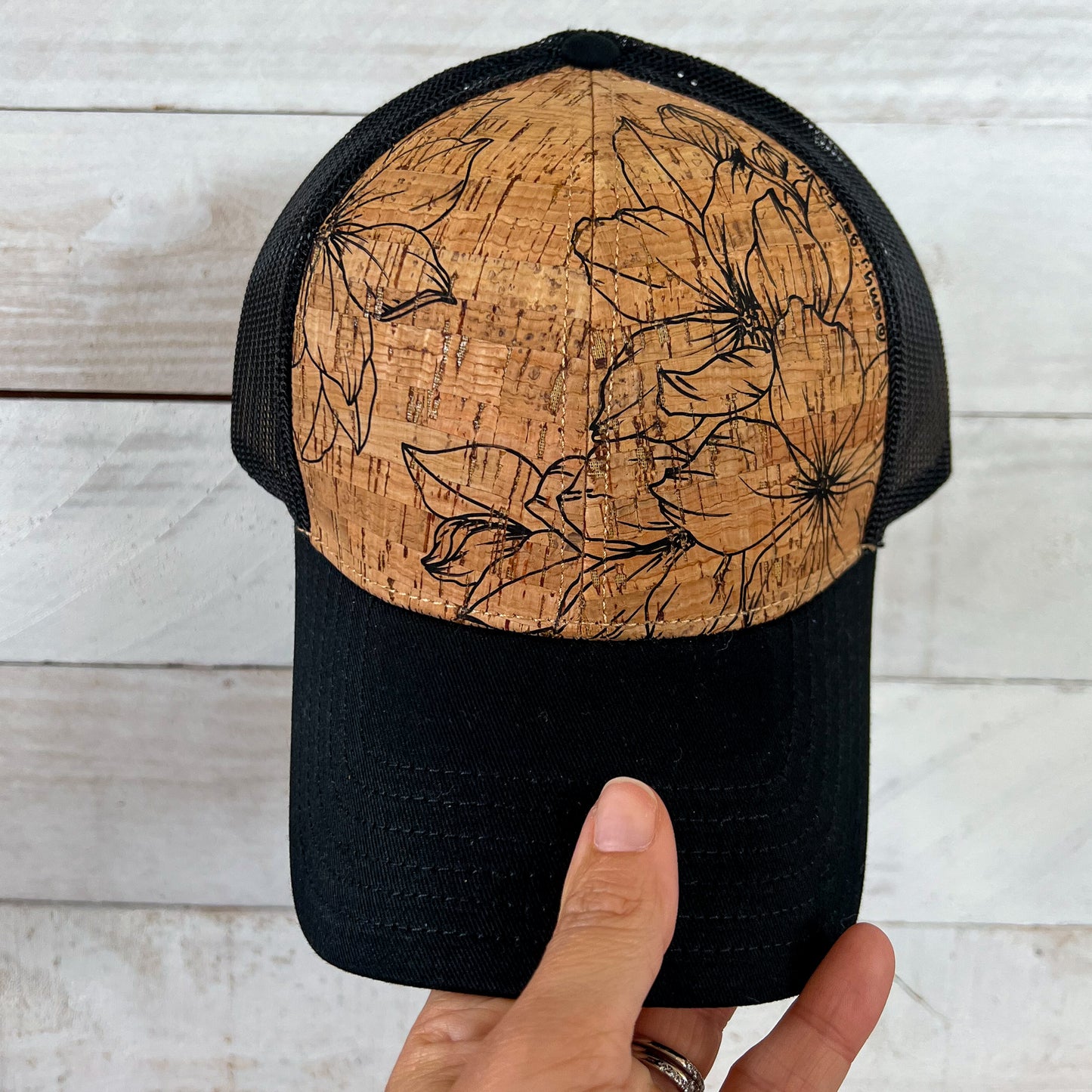 MADE TO ORDER - Black Hand Drawn Floral Cork Trucker Hat