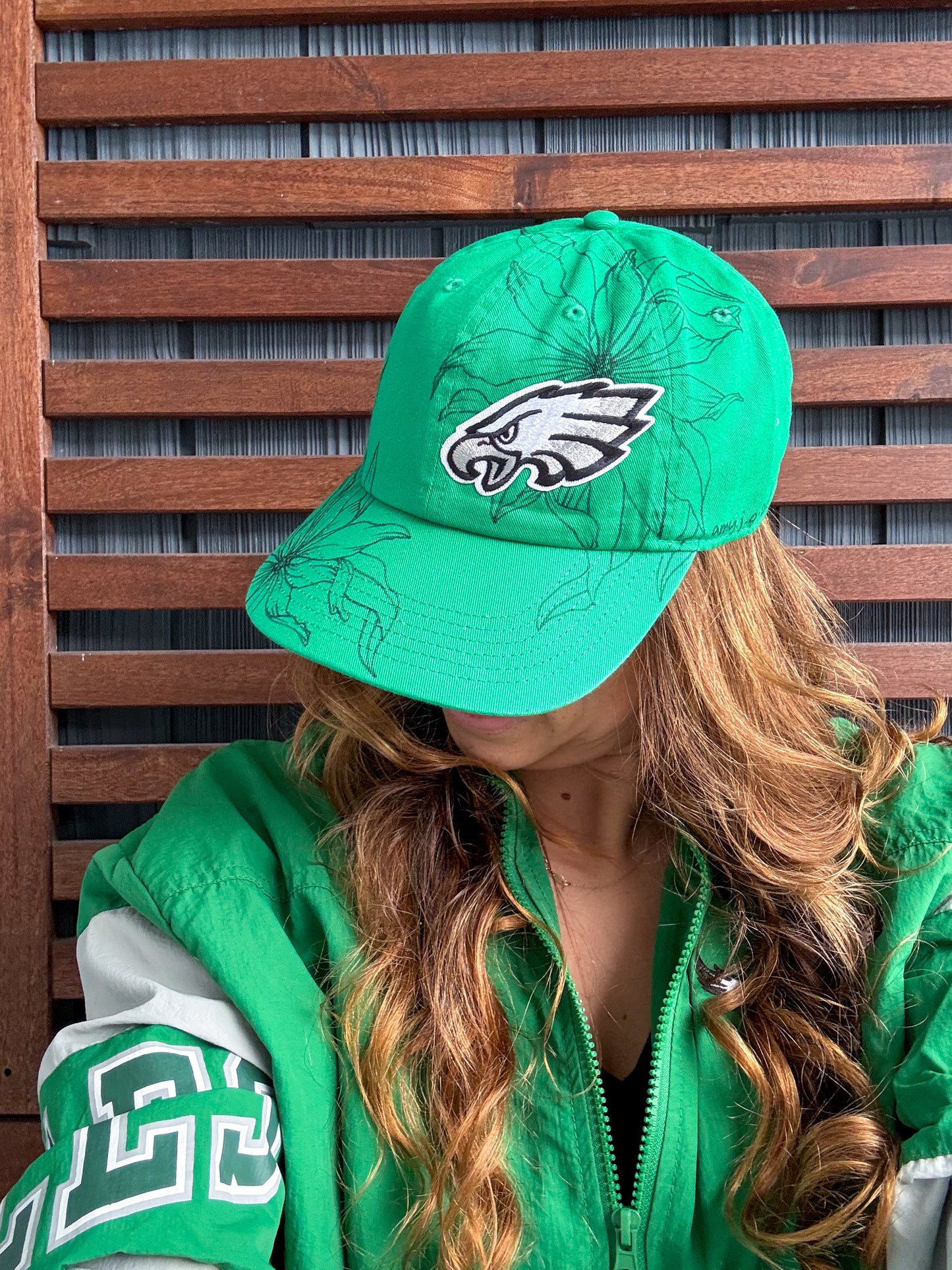 Hand Drawn Floral EAGLES Cap | Green Eagle Daisy