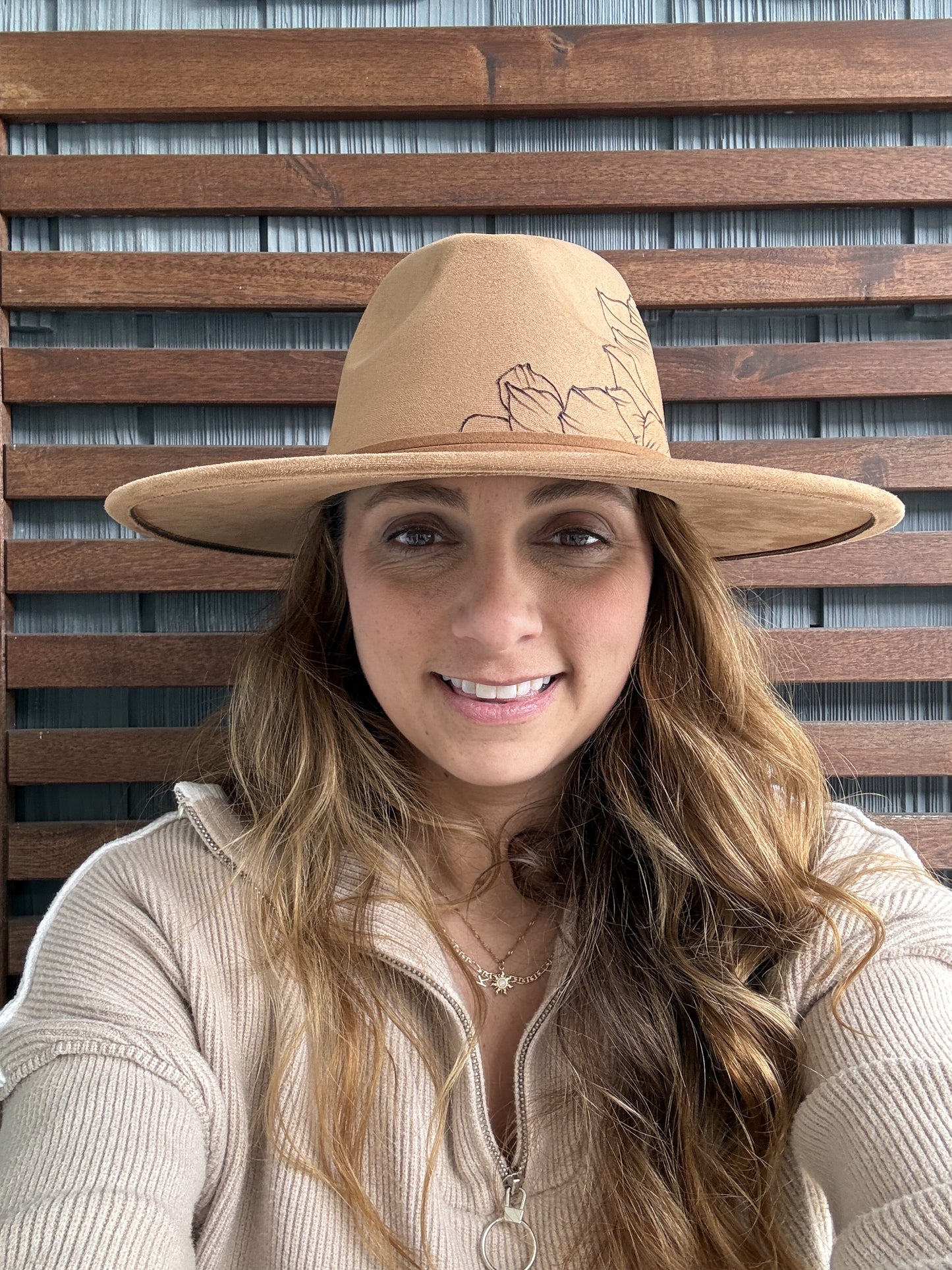 Brown Hand Burned Floral Wide Brim Fedora