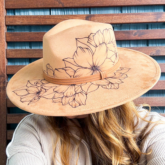Brown Hand Burned Floral Wide Brim Fedora