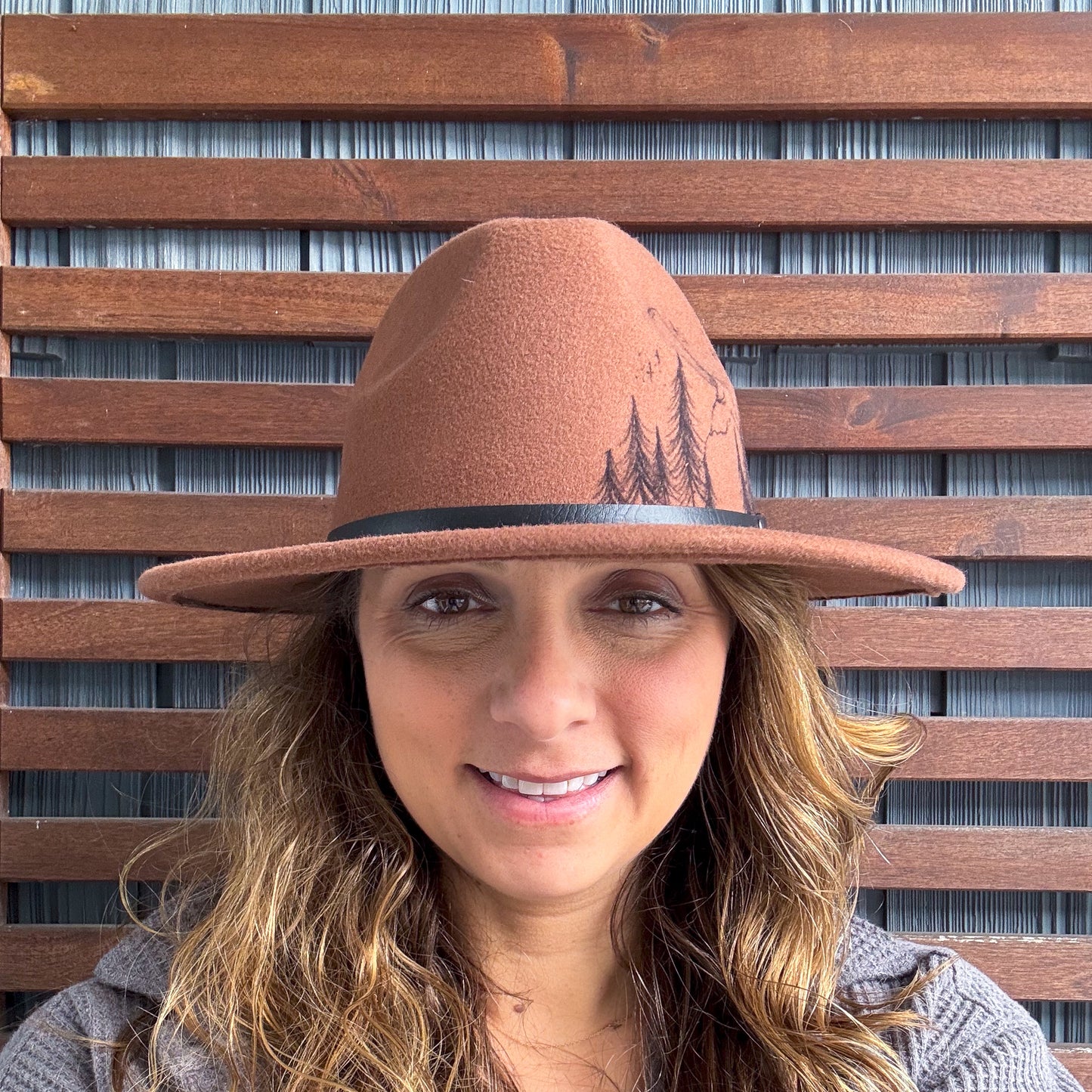 Brown Hand Drawn Moonlight Mountains Fedora