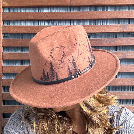 Brown Hand Drawn Moonlight Mountains Fedora