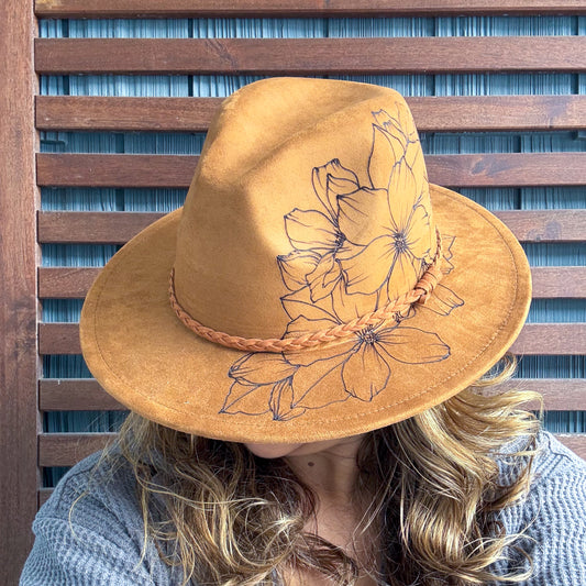 Brown Hand Burned Wild Flower Fedora