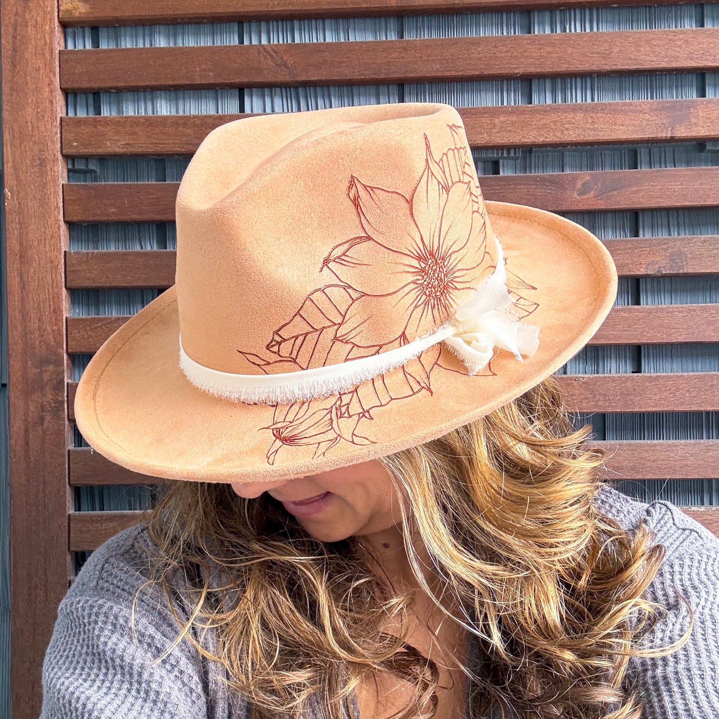 Brown Hand Burned Sunflower Fedora