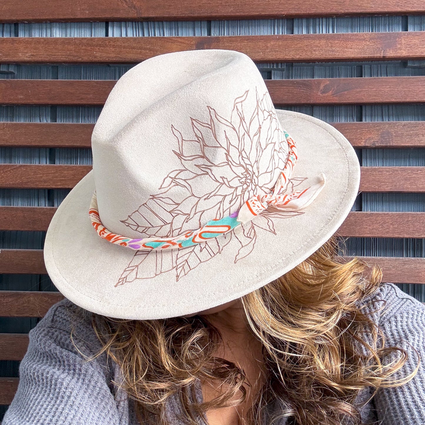 Cream Hand Burned Dahlia Fedora