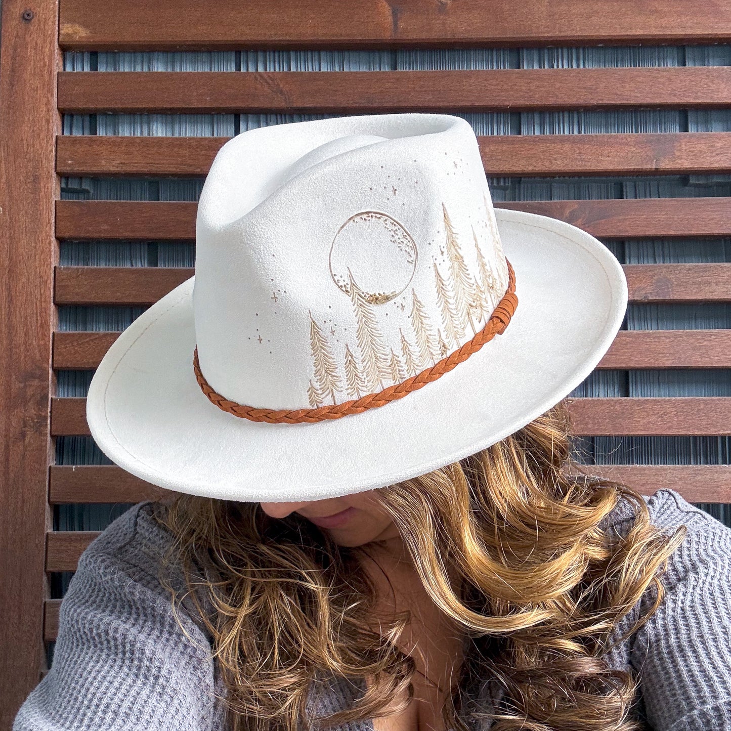 Cream Hand Burned Moonlight in the Trees Fedora