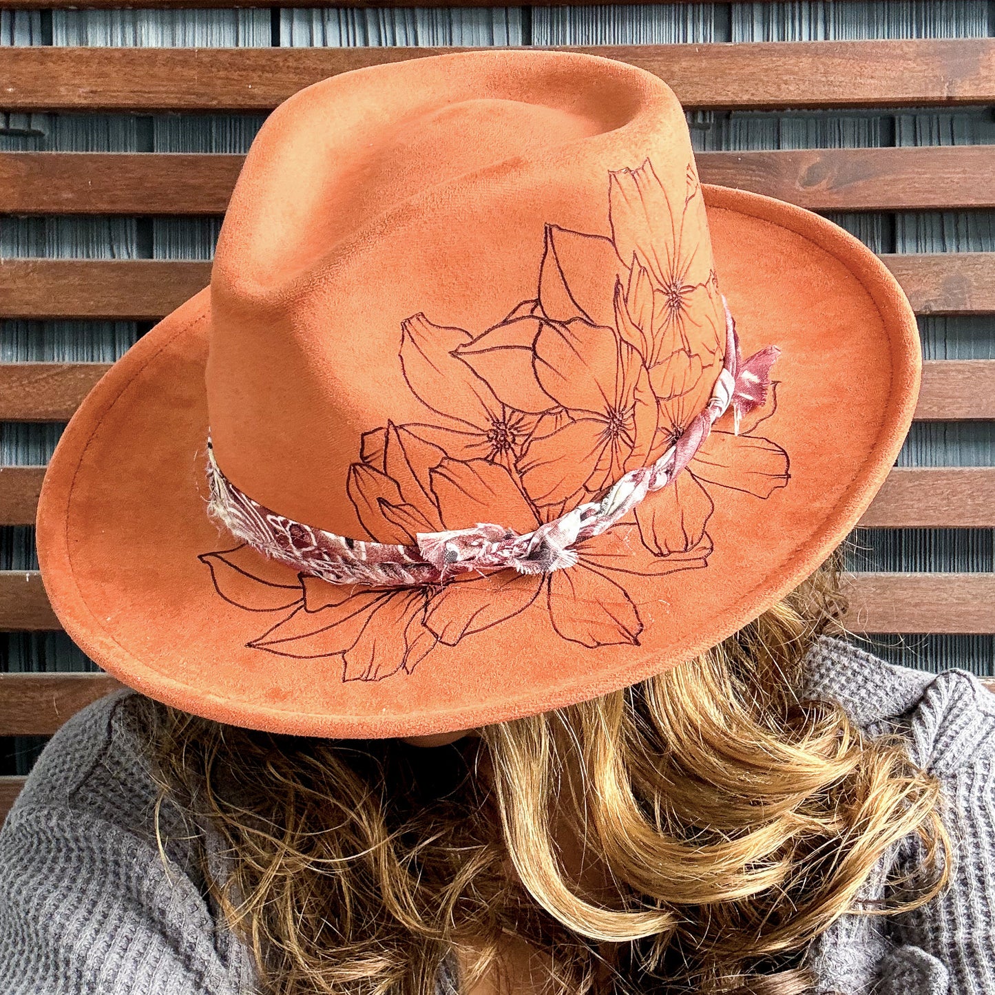 Brown Hand Burned Wild Flowers Fedora
