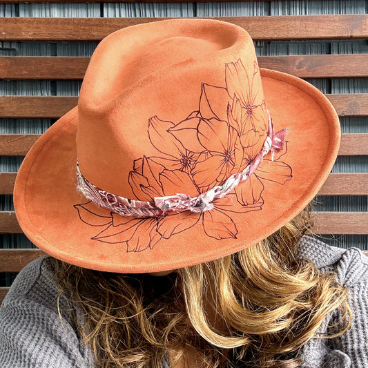 Brown Hand Burned Wild Flowers Fedora