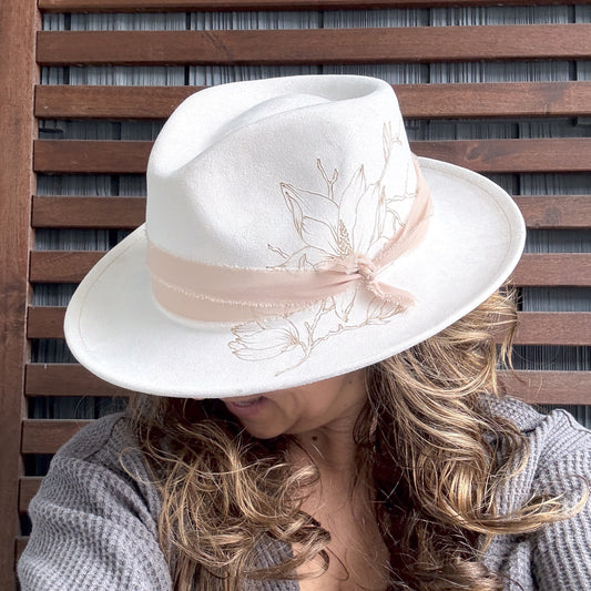 Cream Hand Burned Magnolia Fedora