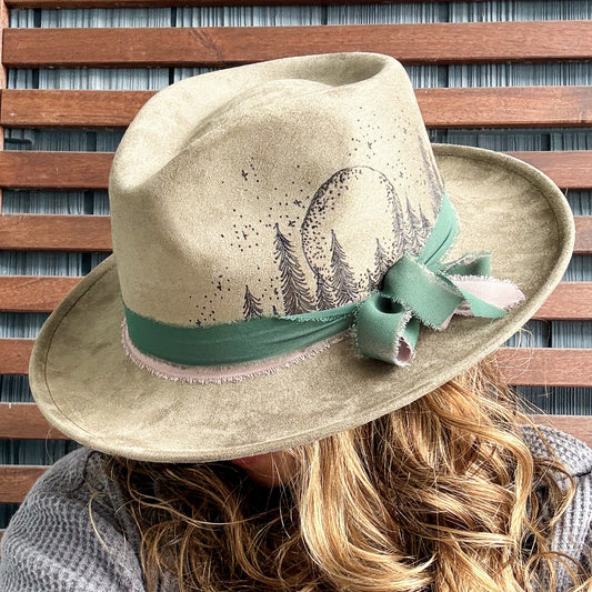 Army Green Hand Burned Moonlight in the Trees Fedora