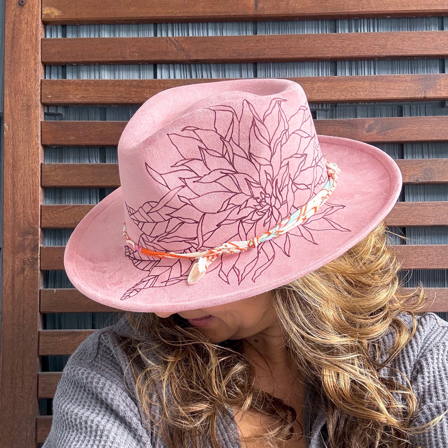 Pink Hand Burned Dahlia Fedora