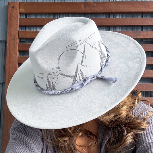 Light Grey Hand Burn Morning Mountains Wide Brim Fedora