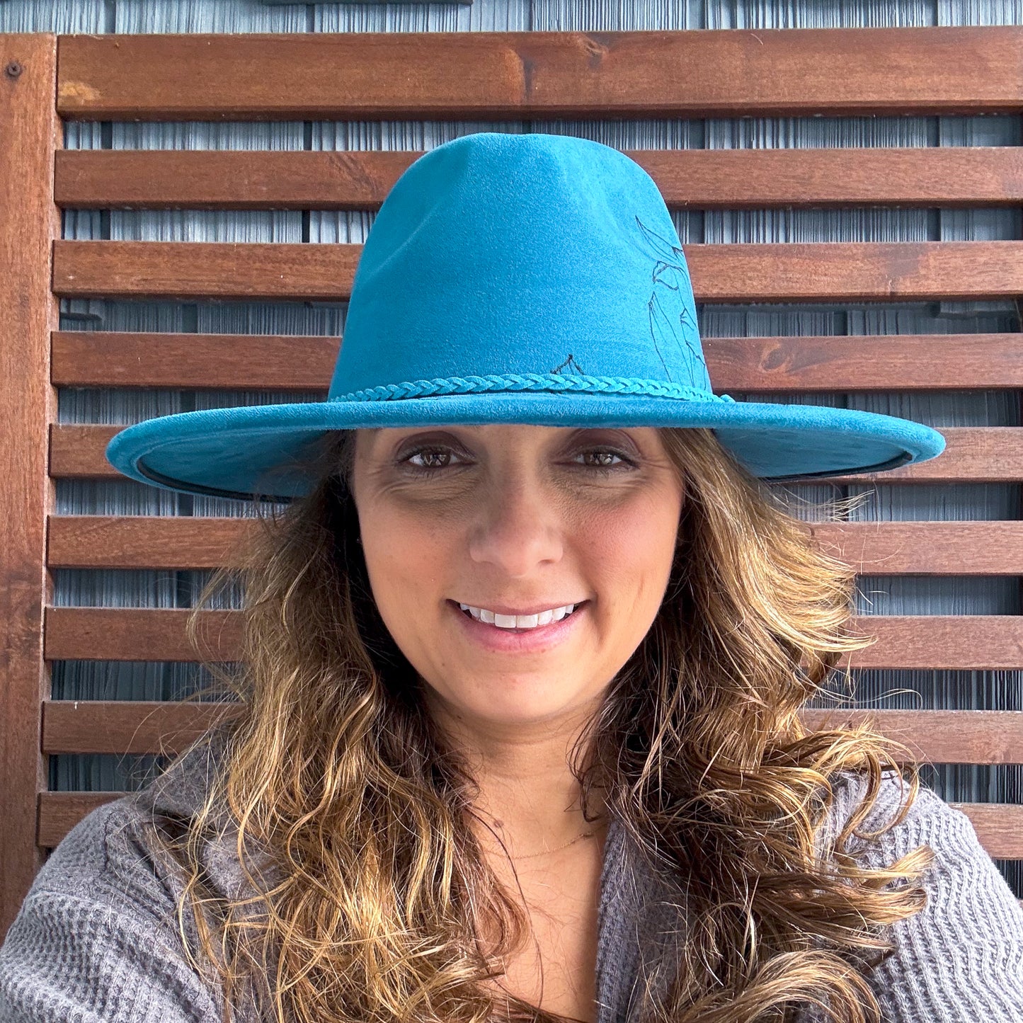 Ocean Blue Hand Burn Wild Flower Wide Brim Fedora