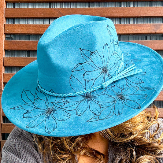 Ocean Blue Hand Burn Wild Flower Wide Brim Fedora