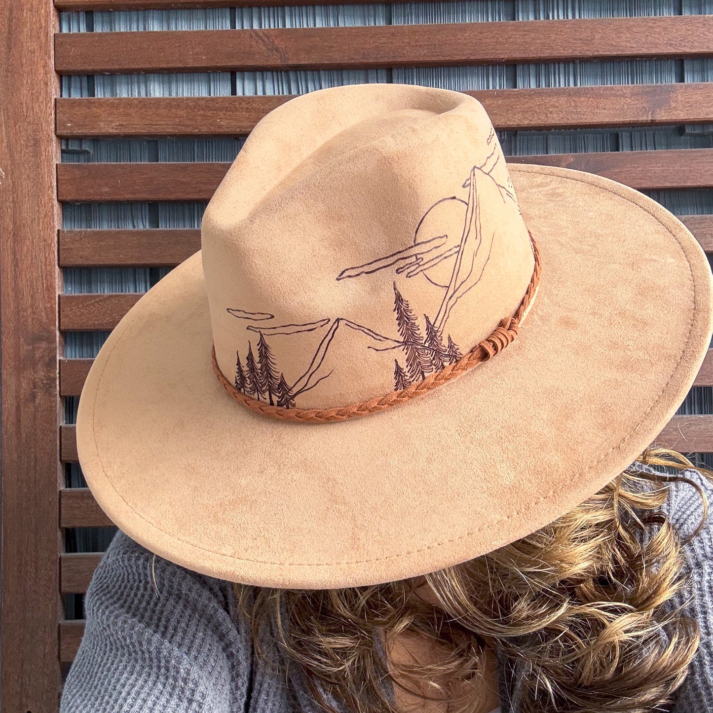 Brown Hand Burn Morning Mountains Wide Brim Fedora
