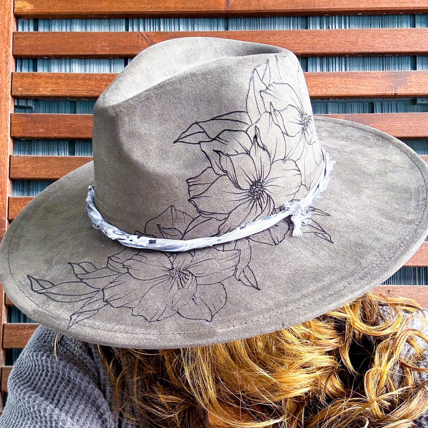 Grey Hand Burn Wild Flower Wide Brim Fedora