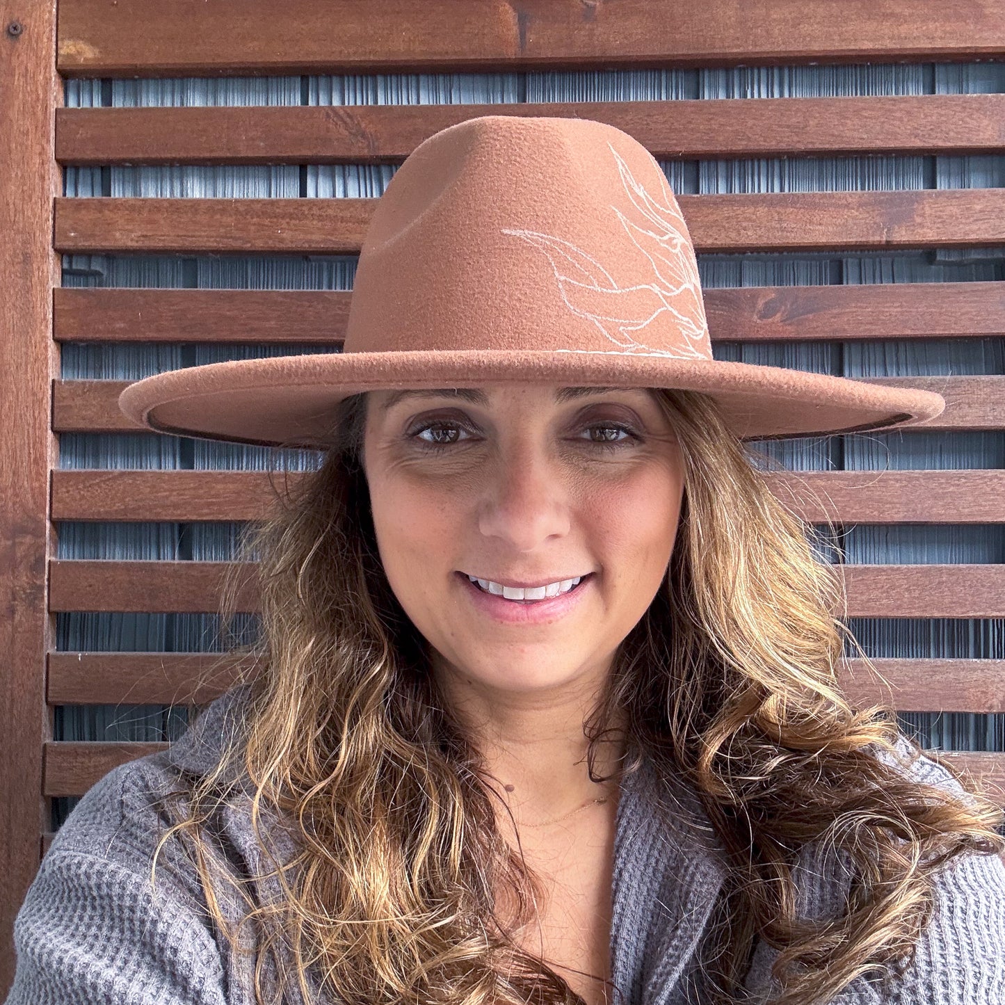 Brown Hand Drawn Dahlia Wide Brim Fedora