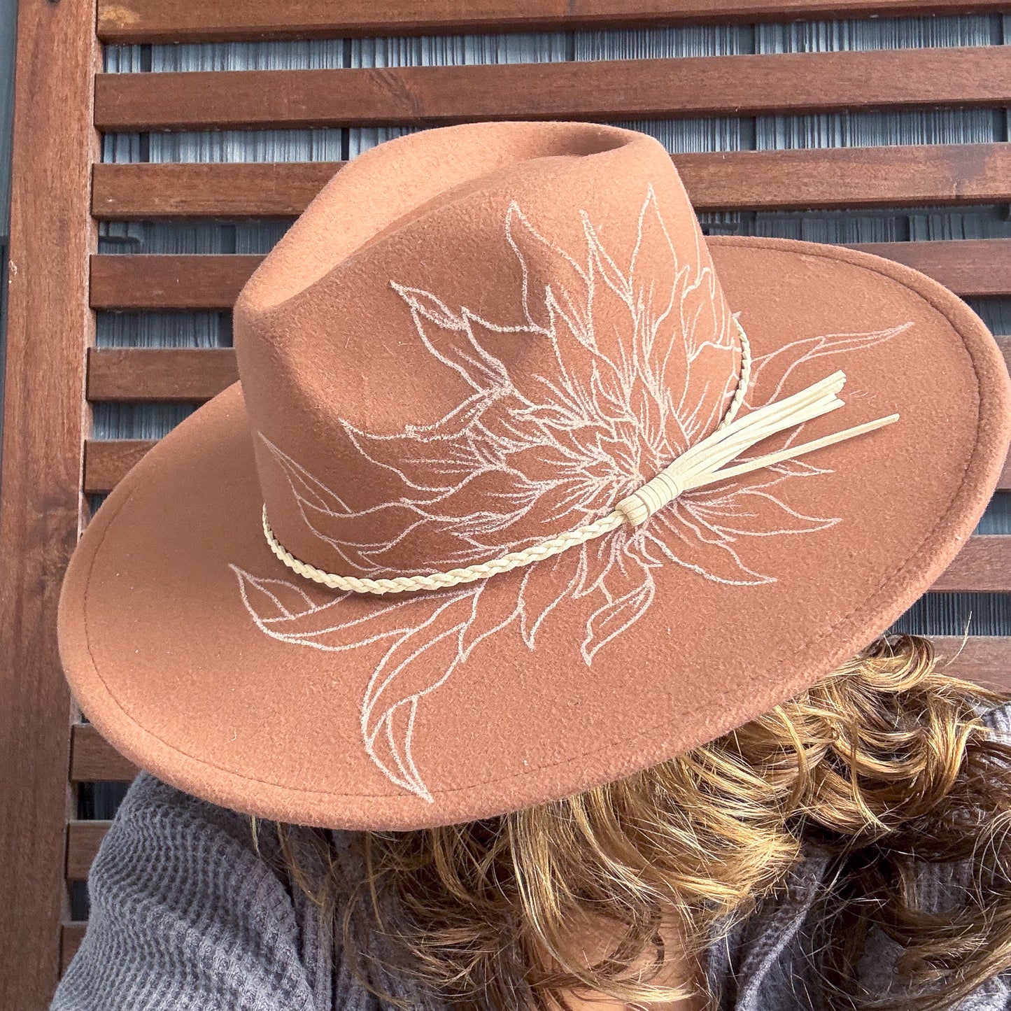 Brown Hand Drawn Dahlia Wide Brim Fedora