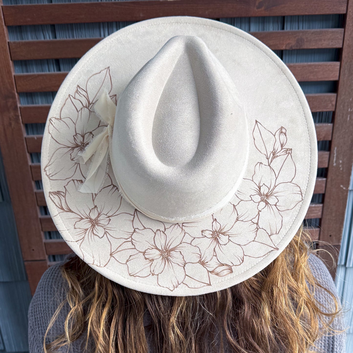 Cream Hand Burn Wild Flower Wide Brim Fedora