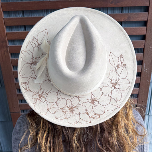 Cream Hand Burn Wild Flower Wide Brim Fedora