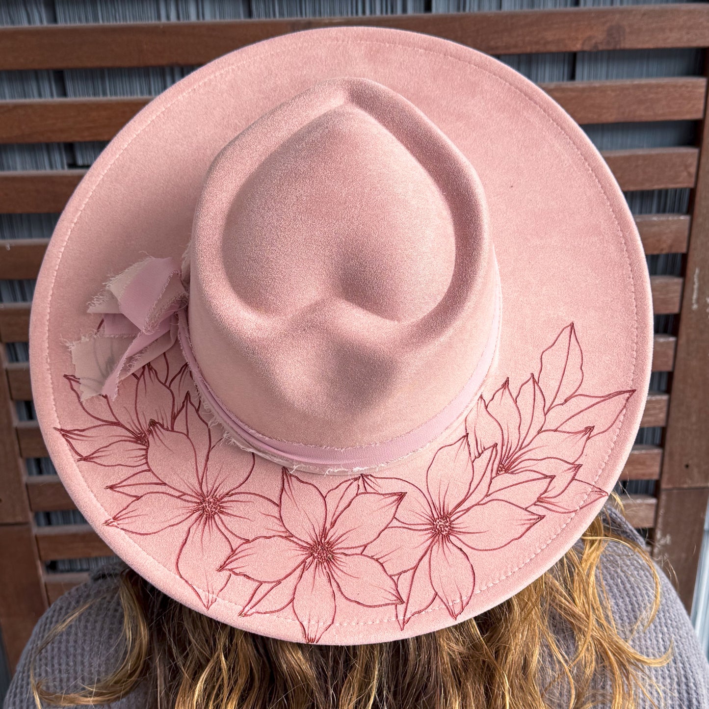 Pink Heart Shape Hand Burn Wild Flower Wide Brim Fedora