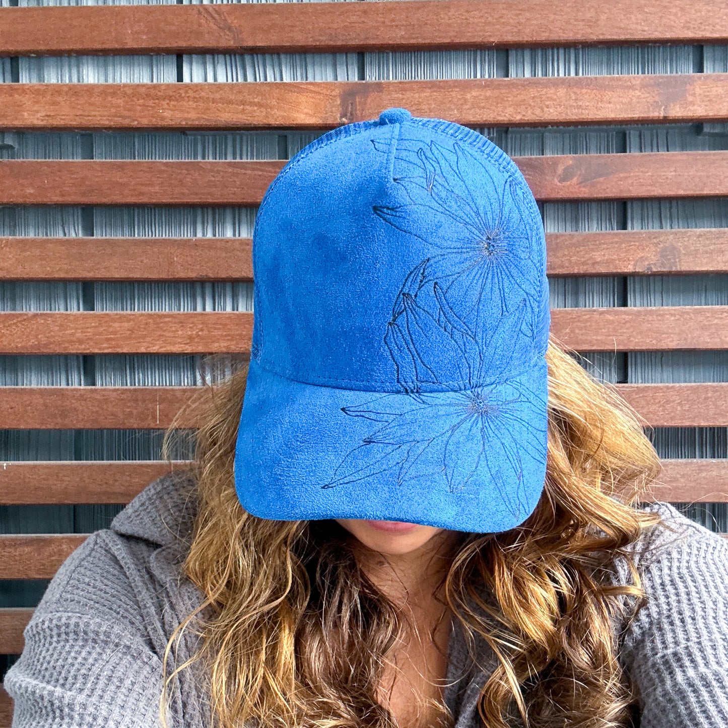 Suede Blue Burned Floral Trucker Hat