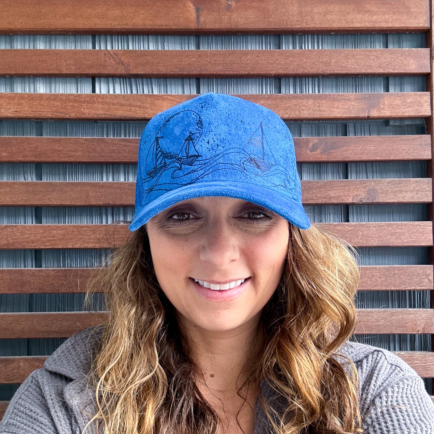 Suede Blue Burned Moonlight Sailing Trucker Hat