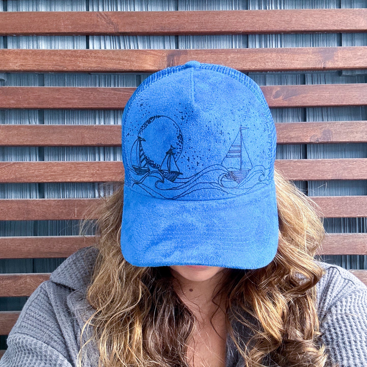 Suede Blue Burned Moonlight Sailing Trucker Hat