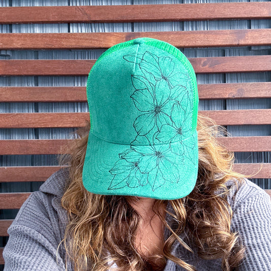 Suede Bright Green Burned Wild Flower Trucker Hat