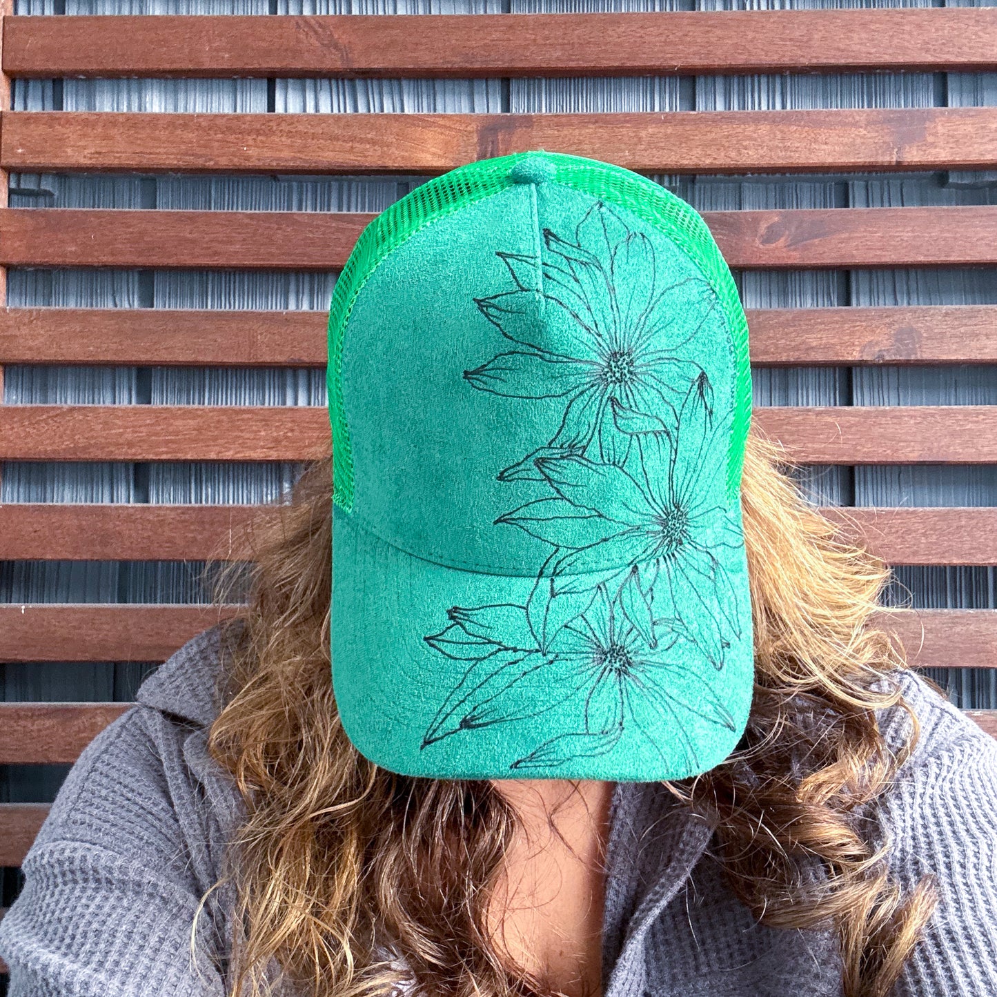 Suede Bright Green Burned Daisy Trucker Hat