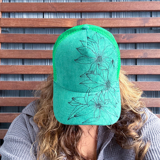 Suede Bright Green Burned Daisy Trucker Hat