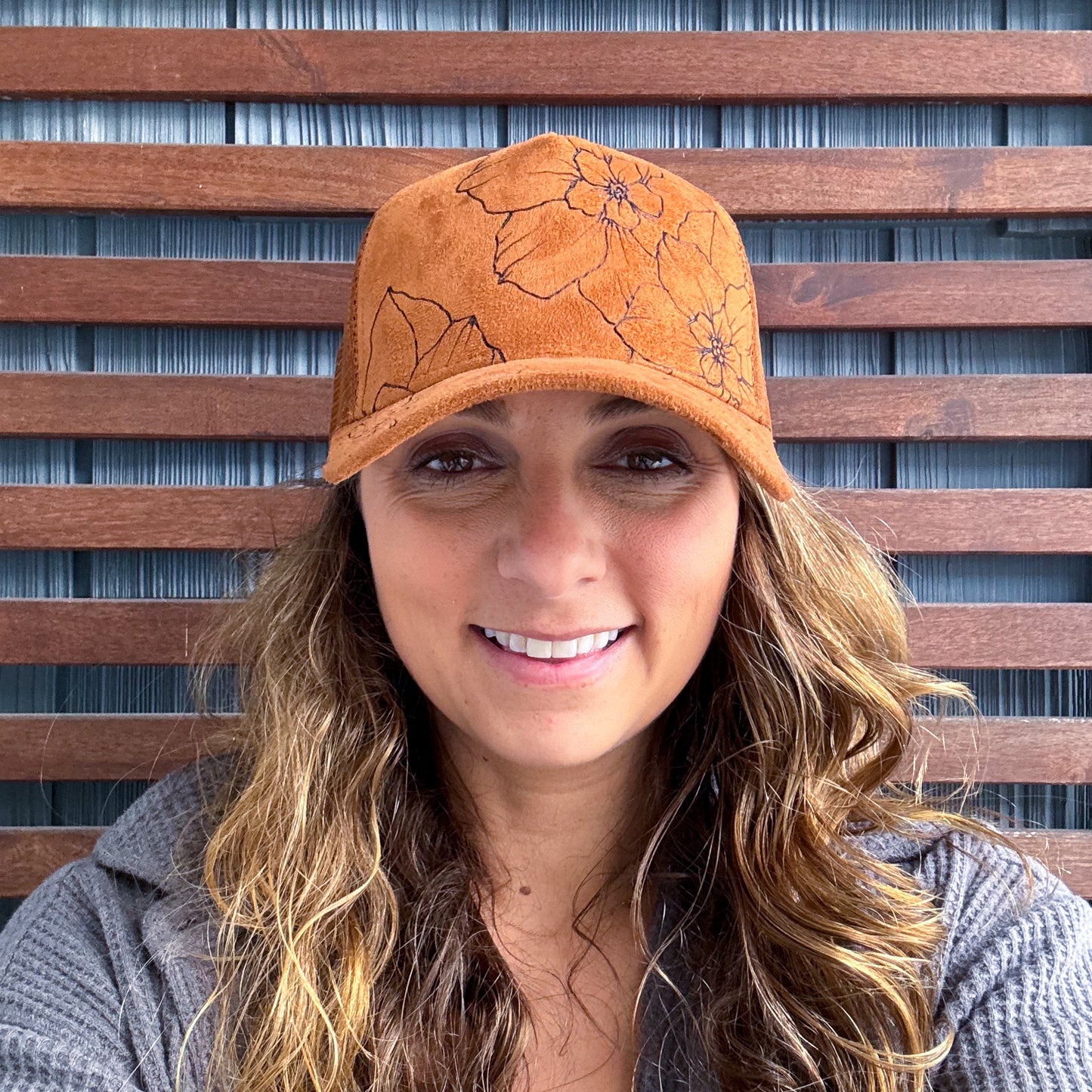 Suede Rust Burned Floral Trucker Hat