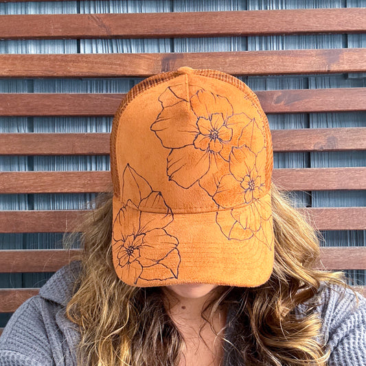 Suede Rust Burned Floral Trucker Hat