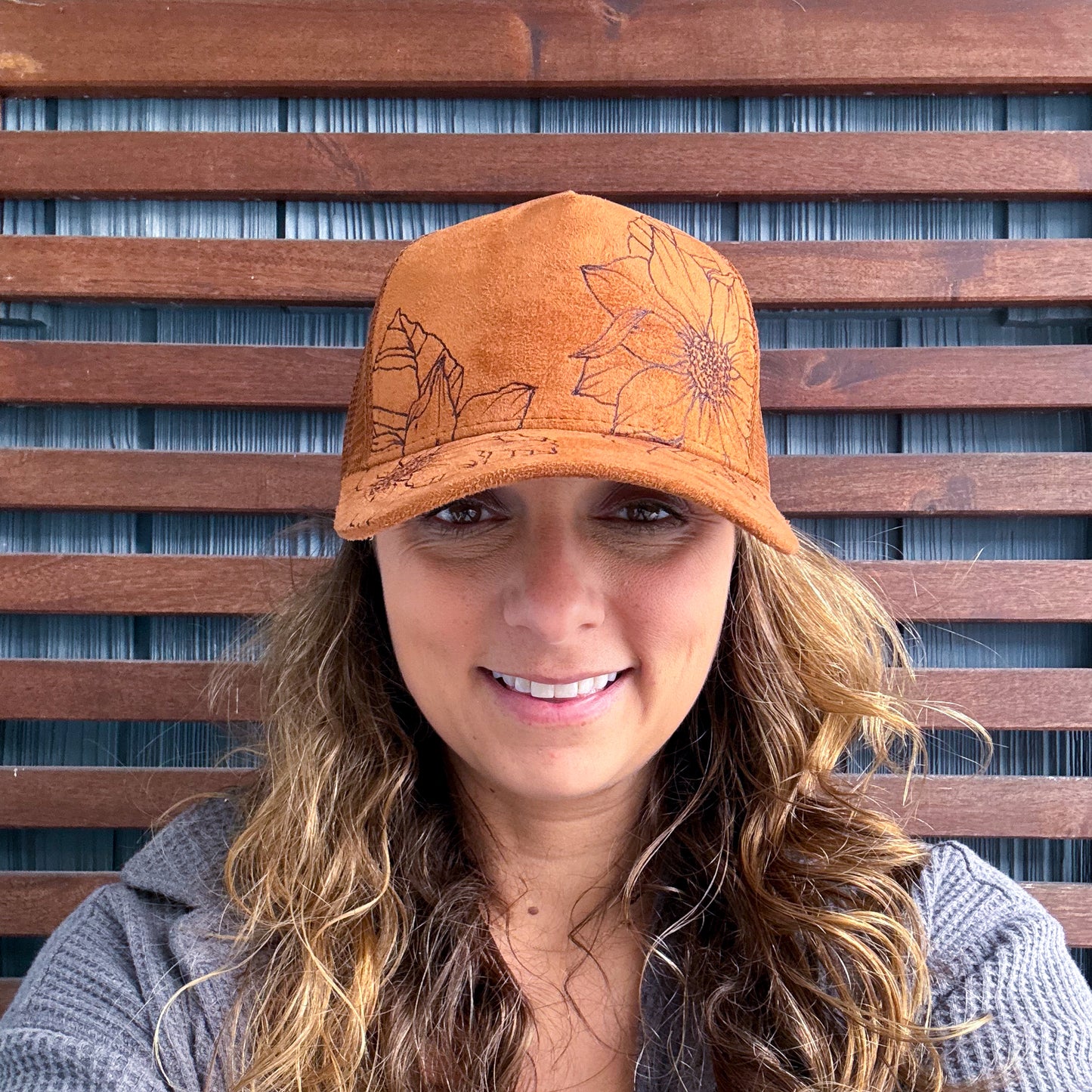 Suede Rust Burned Sunflower Trucker Hat