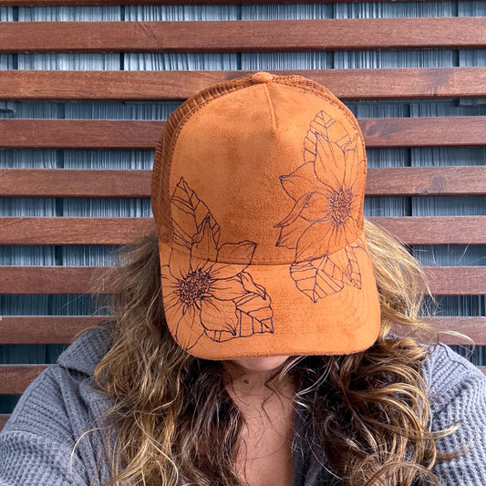 Suede Rust Burned Sunflower Trucker Hat