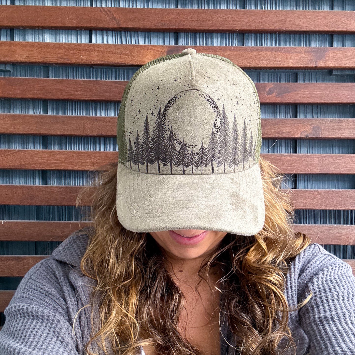 Suede Olive Green Burned Moon in the Trees Trucker Hat