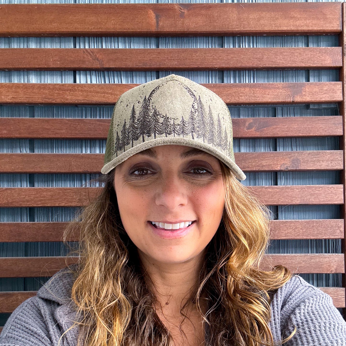 Suede Olive Green Burned Moon in the Trees Trucker Hat