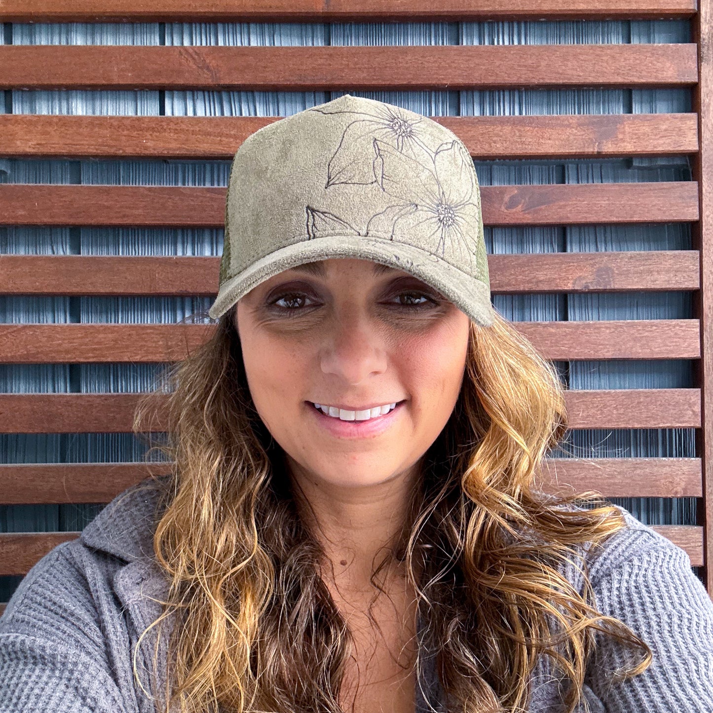 Suede Olive Green Burned Floral Trucker Hat