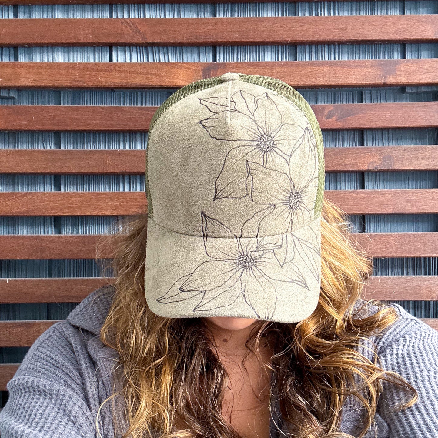 Suede Olive Green Burned Floral Trucker Hat