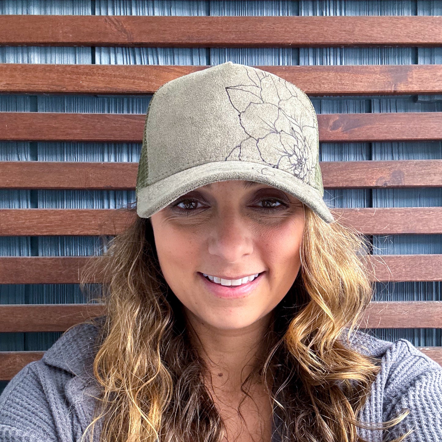 Suede Olive Green Burned Garden Rose Trucker Hat