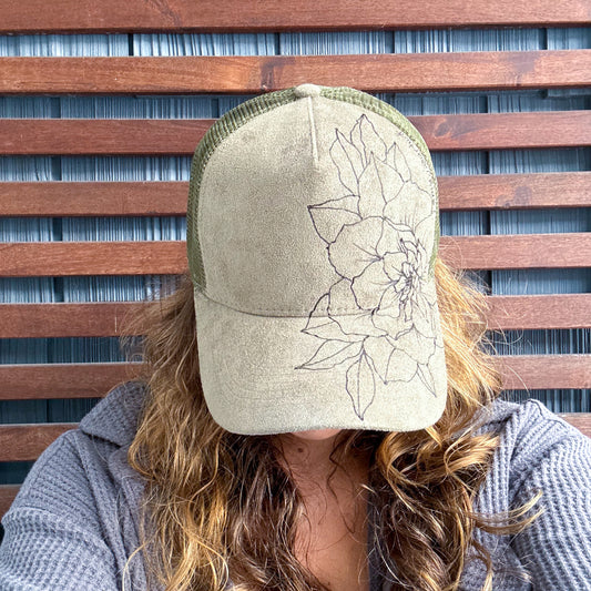 Suede Olive Green Burned Garden Rose Trucker Hat